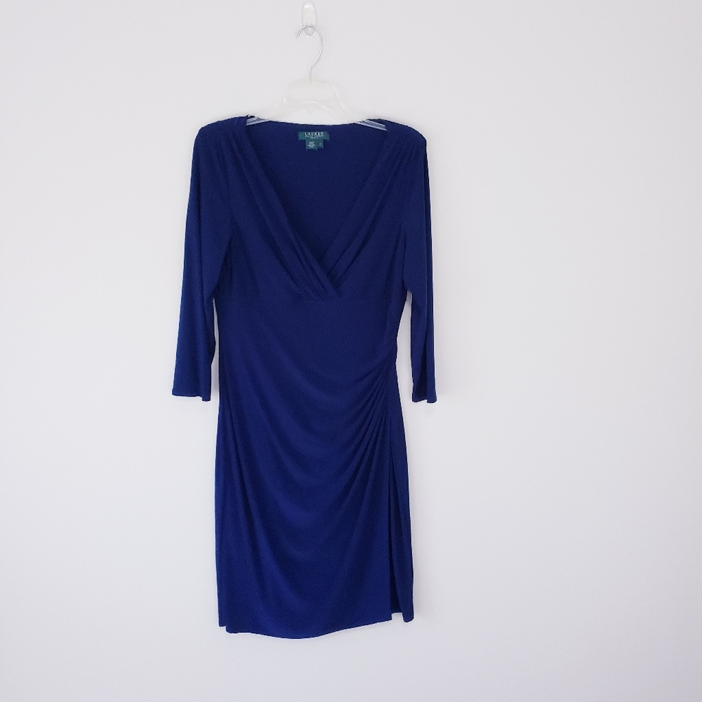 Ralph Lauren Navy Blue Faux Wrap Jersey Long Sleeve Dress Stretchy Size 14 - Picture 7 of 13